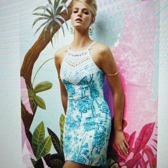 Lilly Pulitzer Dress Pearl Crochet Neck Halter Size 14 Blue & White - Picture 2 of 16